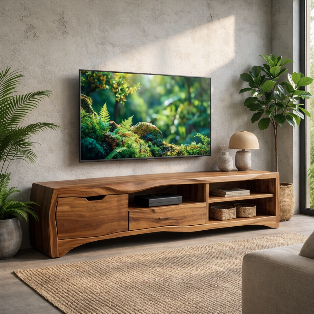 Modern Solid Wood TV Stand with Storage Drawers and Open Shelves – Living Room Media Console