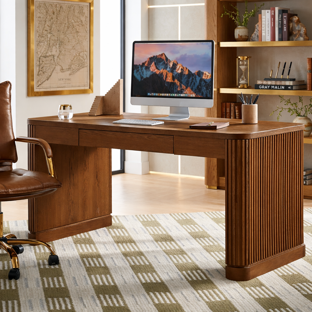 Modern Work Desk with Ribbed Detail and Ample Storage for Home Office
