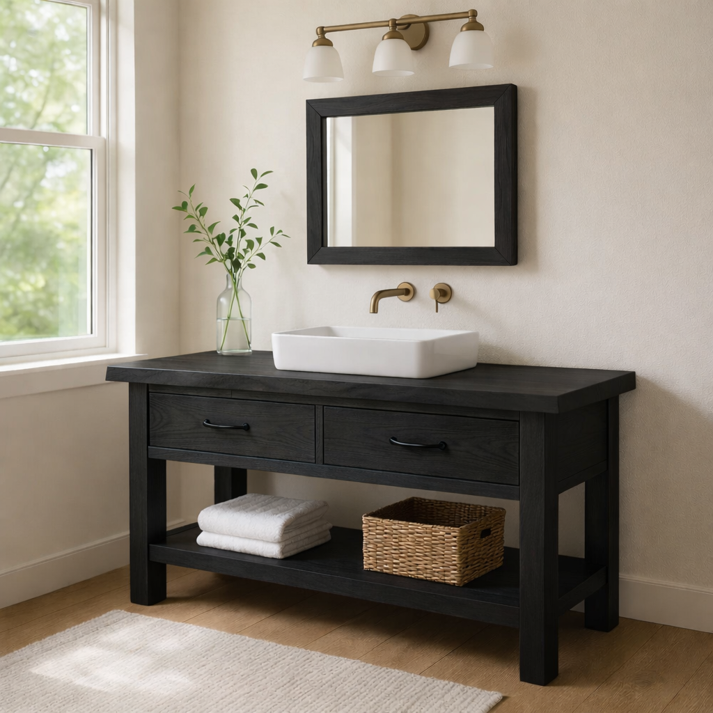 Solid Wood Bathroom Vanity with Drawers and Open Shelf Rustic Farmhouse Vanity