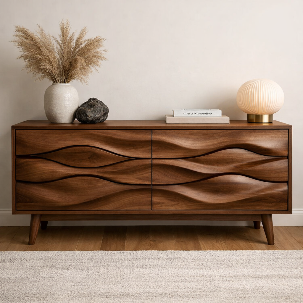 Solid Wood Wave Carved Console Cabinet – Modern Sculptural Sideboard