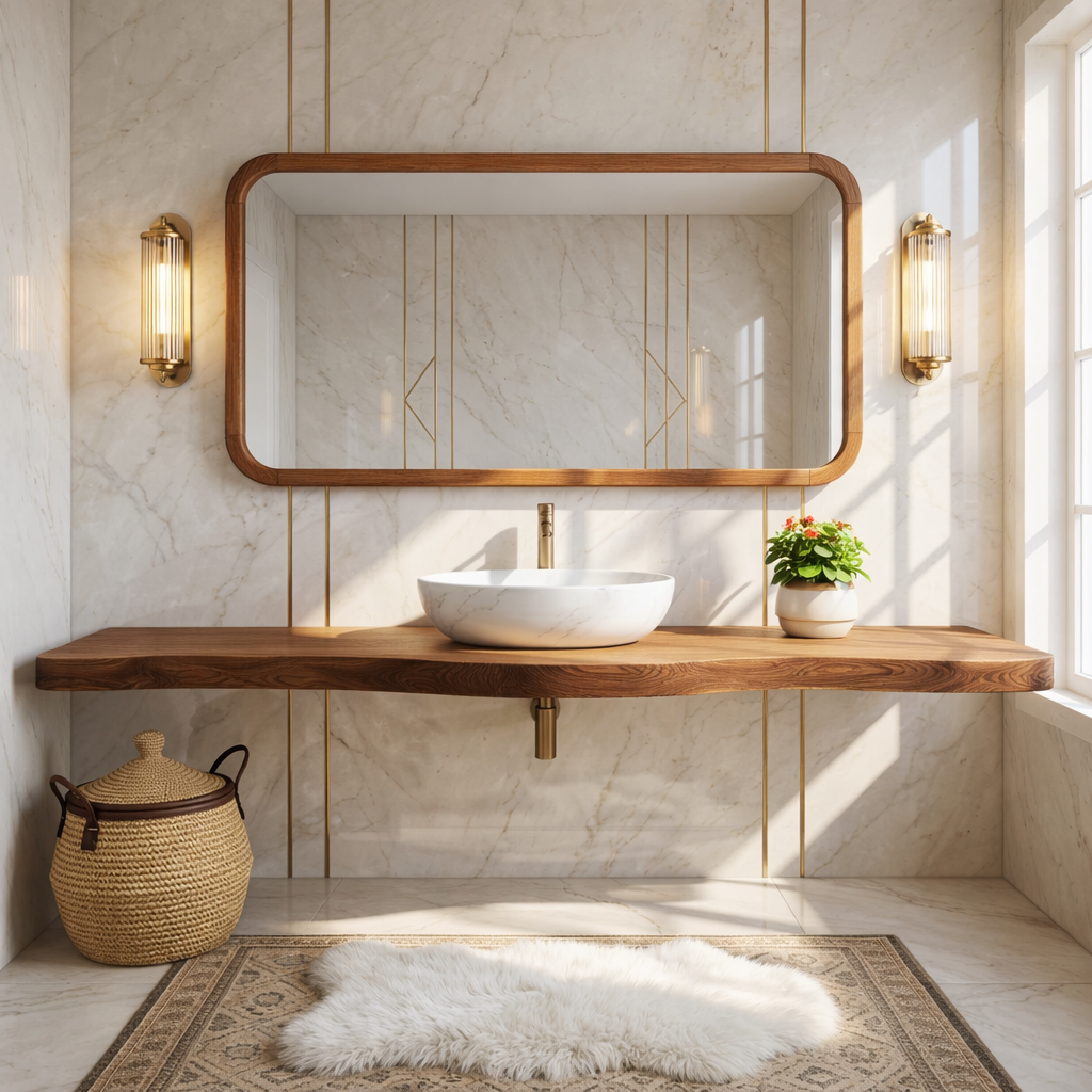 Floating Vanity with Wooden Base, White Stone Sink, and Elegant Design