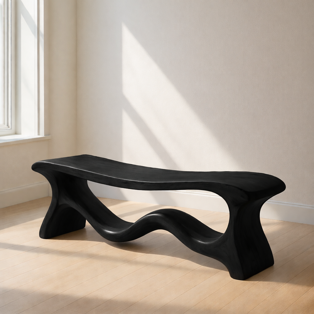 Modern Solid Wood Bench with Artistic Wave Base – Minimalist Wooden Bench