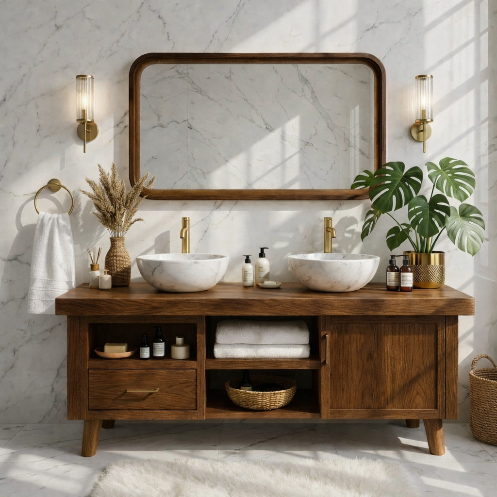 Elegant Modern Wooden Bathroom Vanity with Double Sink Design