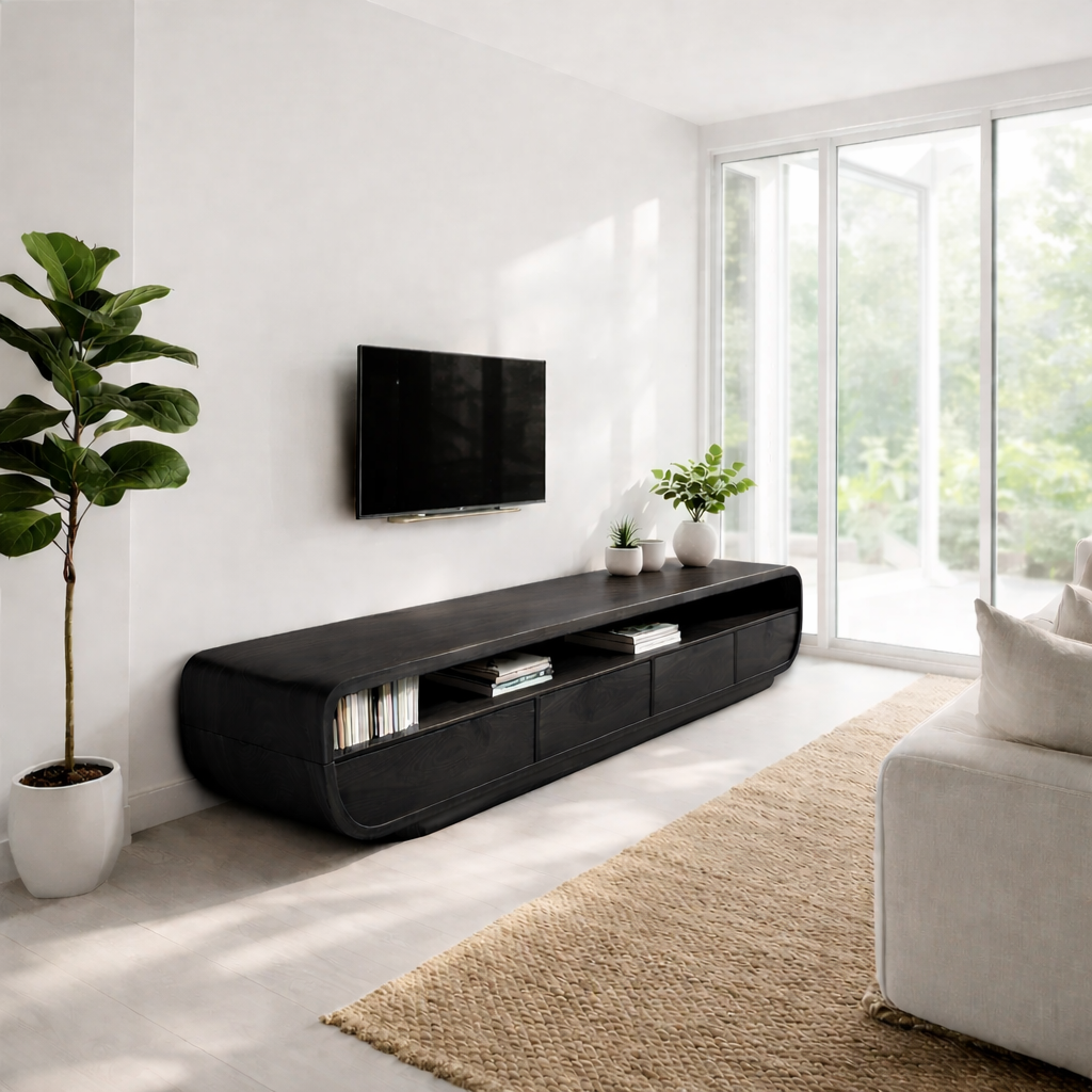 Solid Wood Media Console with Curved Edges & Drawers, Modern Low TV Stand