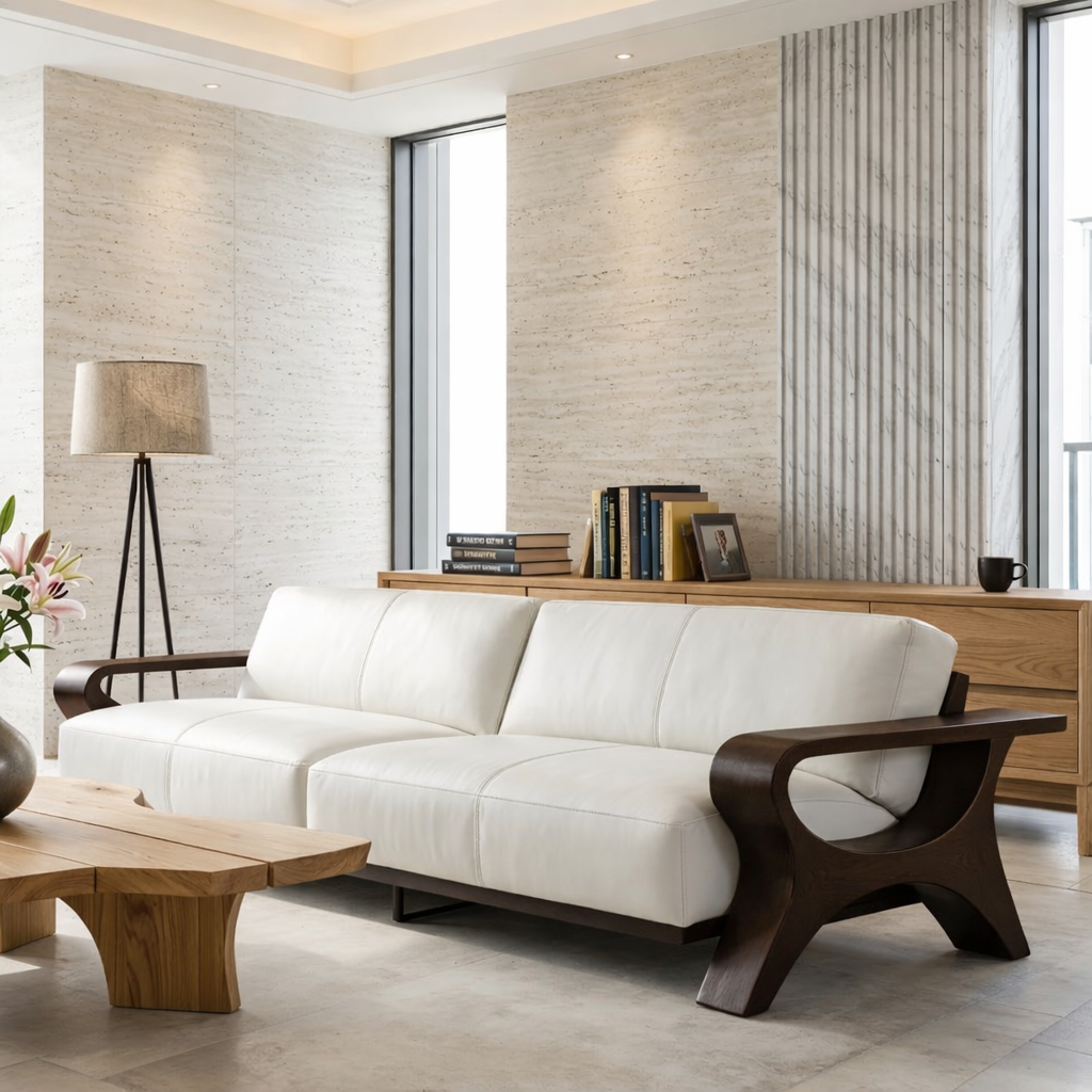 Modern Sculptural Solid Wood Sofa with White Leather Cushions Scandi Living Room Couch