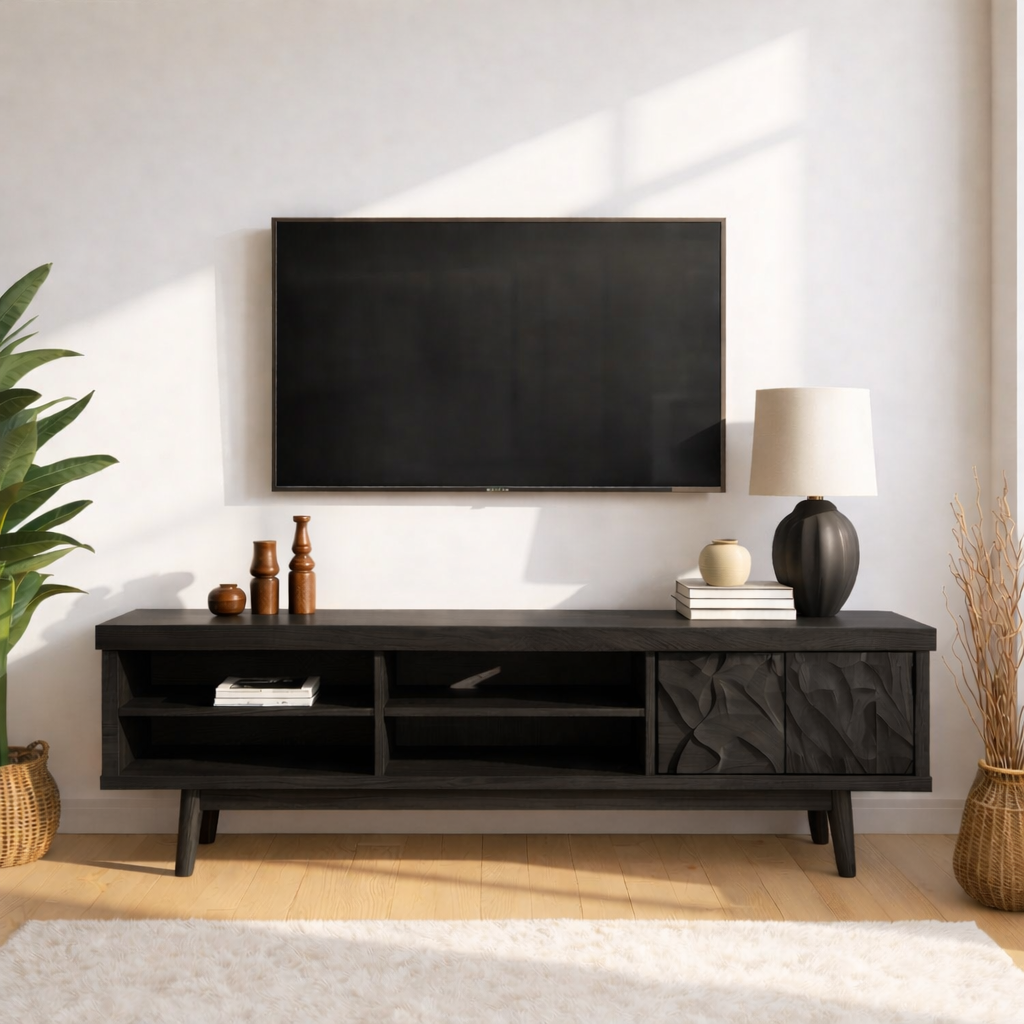 Mid Century Solid Wood TV Stand Carved Media Console Modern Entertainment Center Cabinet