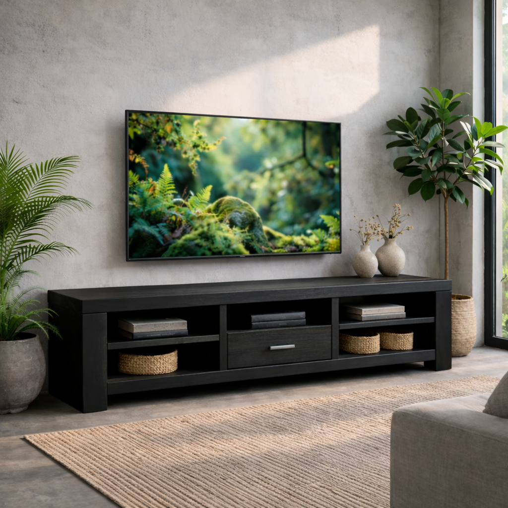 Solid Wood TV Stand with Open Shelves and Drawer – Modern Living Room Media Console