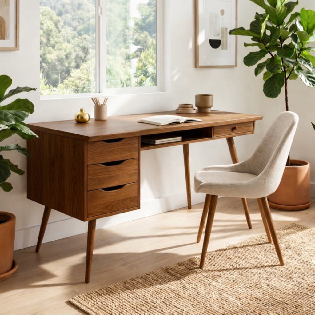 Mid Century Modern Desk with Drawers Storage Home Office Writing Table Solid Frame