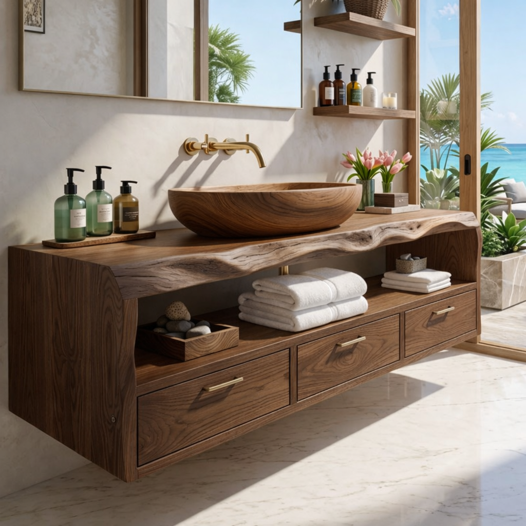 Modern Solid Wood Bathroom Vanity with Floating Drawers and Open Shelf Storage