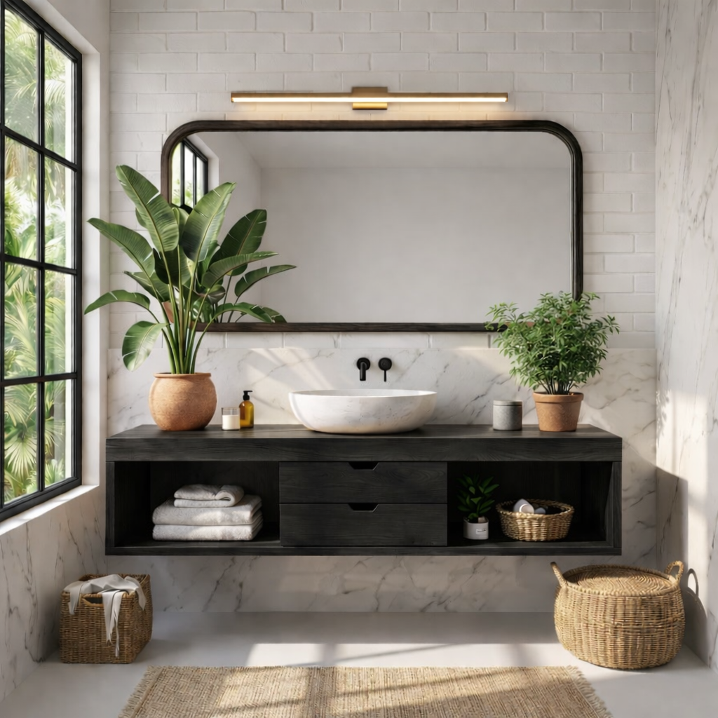 Sleek Oak Floating Vanity with Marble Sink and Ample Storage for Modern Bathrooms