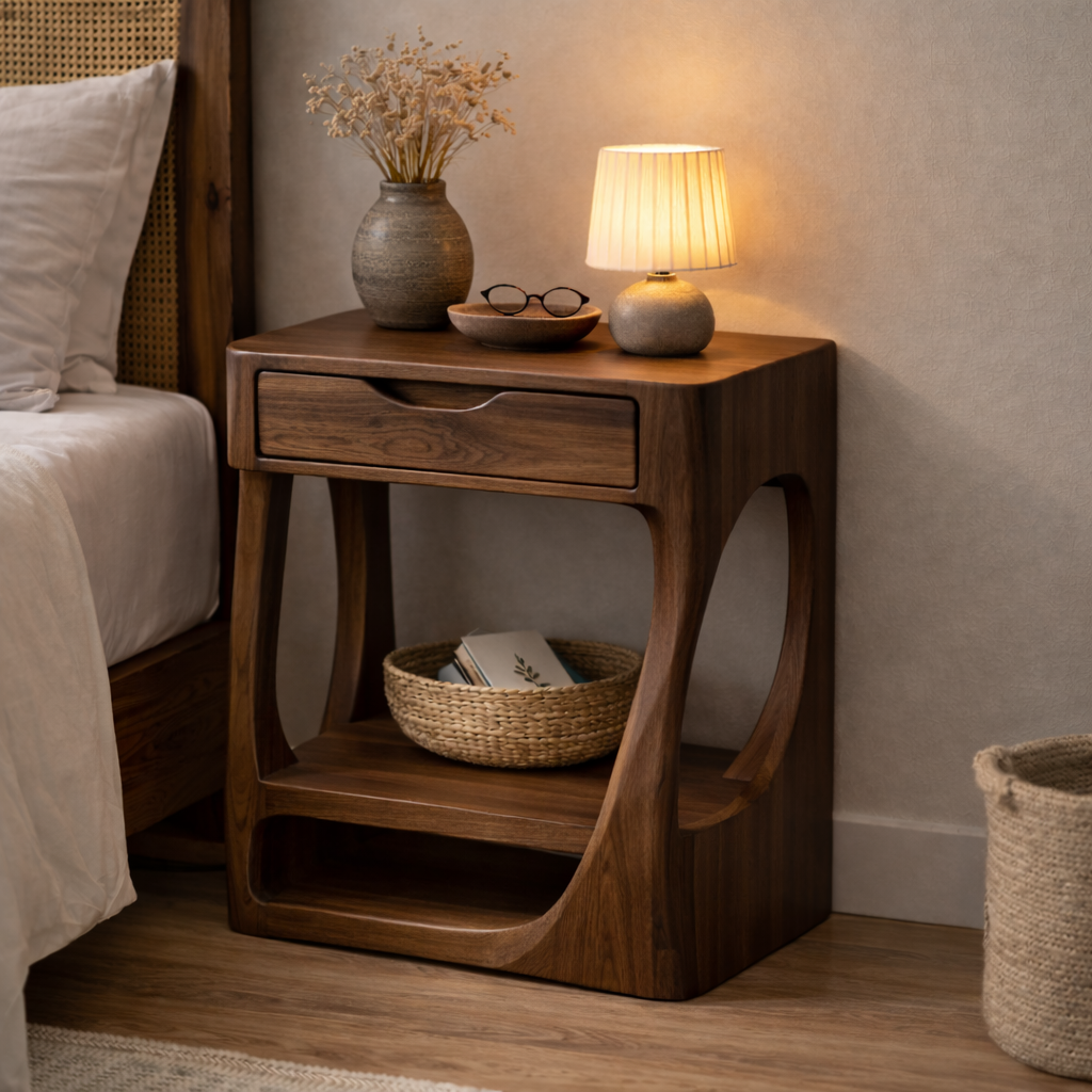 Solid Wood Nightstand with Open Shelf and Drawer – Modern Curved Bedside Table