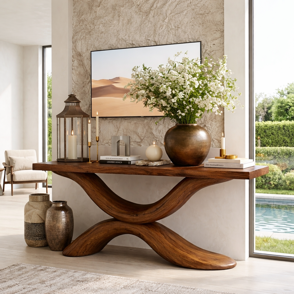 Solid Wood Console Table with Sculpted Curved Base, Modern Elegant Design