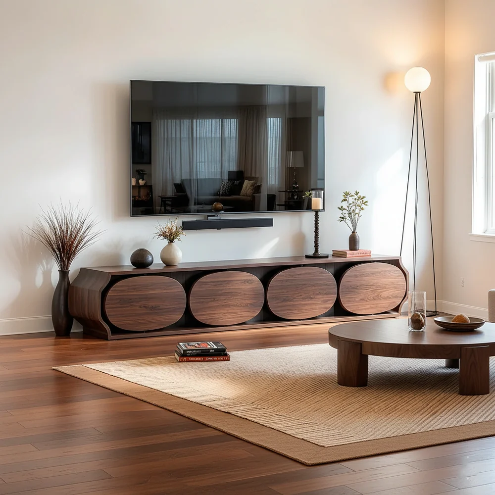 Solid Wood TV Stand Modern Walnut Media Console with Round Panel Doors and Storage