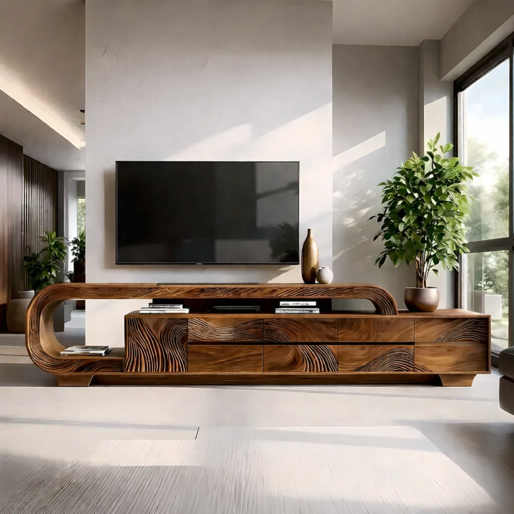 Solid Wood TV Stand Modern Walnut Media Console with Sculptural Curve Design