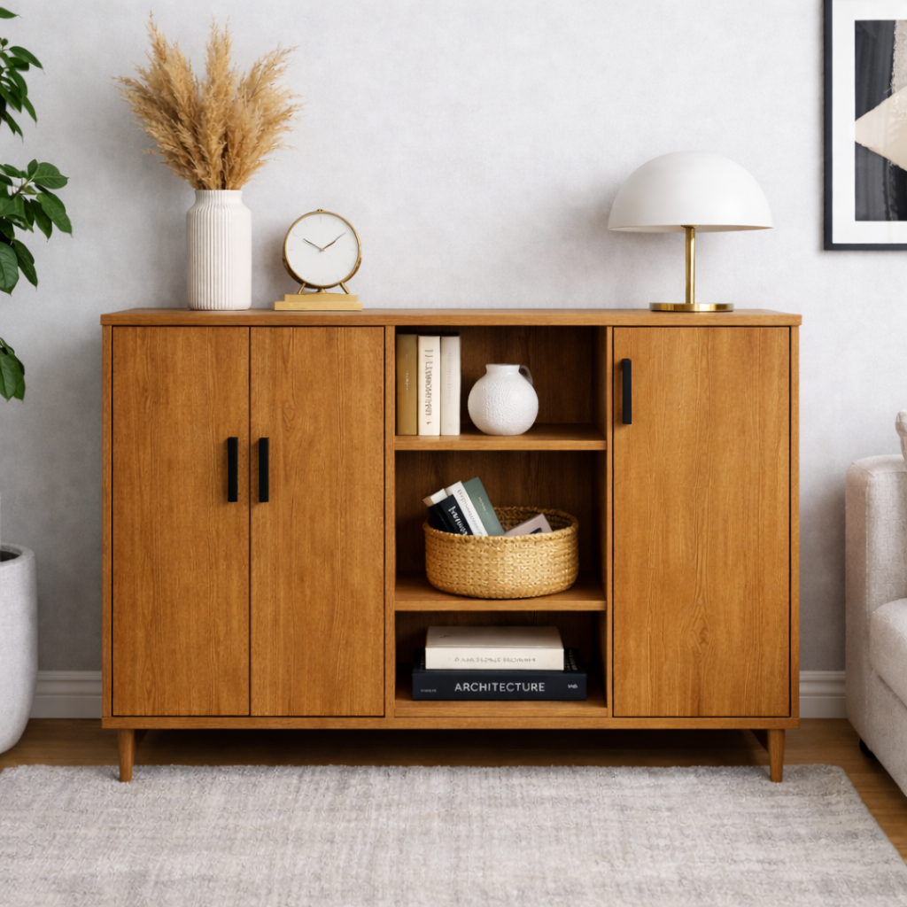 Solid Wood Console Cabinet with Double Doors & Open Shelf Storage – Modern Design