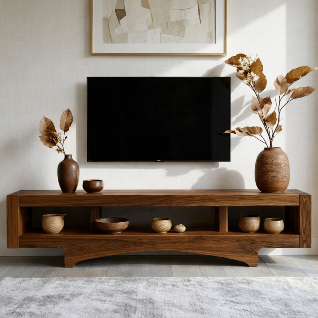 Solid Wood TV Stand with Open Shelf, Minimalist Low Profile Media Console