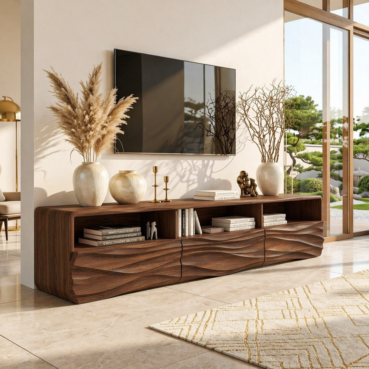 Modern Wave TV Console, Sculptural Entertainment Cabinet for Luxury Home Interiors