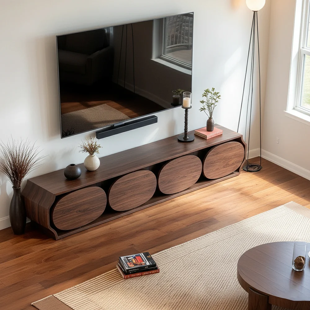 Solid Wood TV Stand Modern Walnut Media Console with Round Panel Doors and Storage