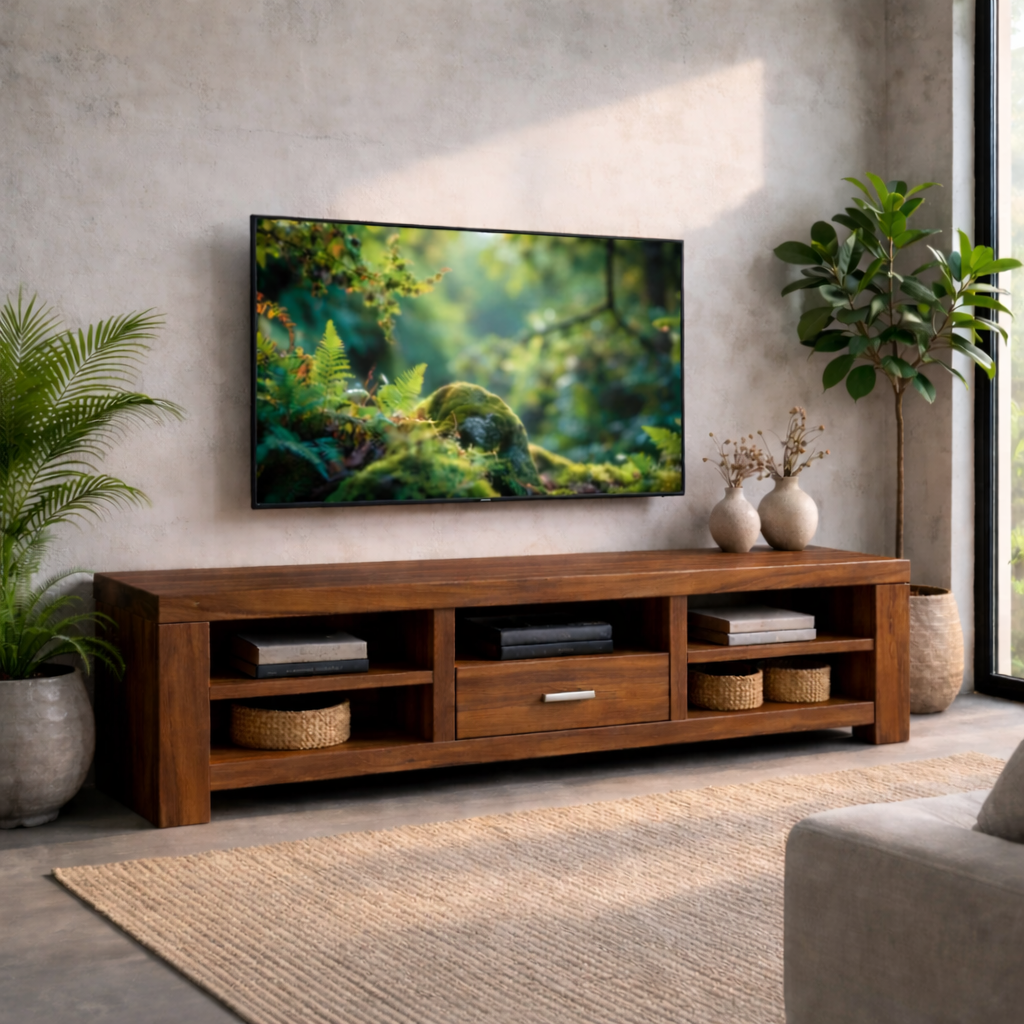 Solid Wood TV Stand with Open Shelves and Drawer – Modern Living Room Media Console