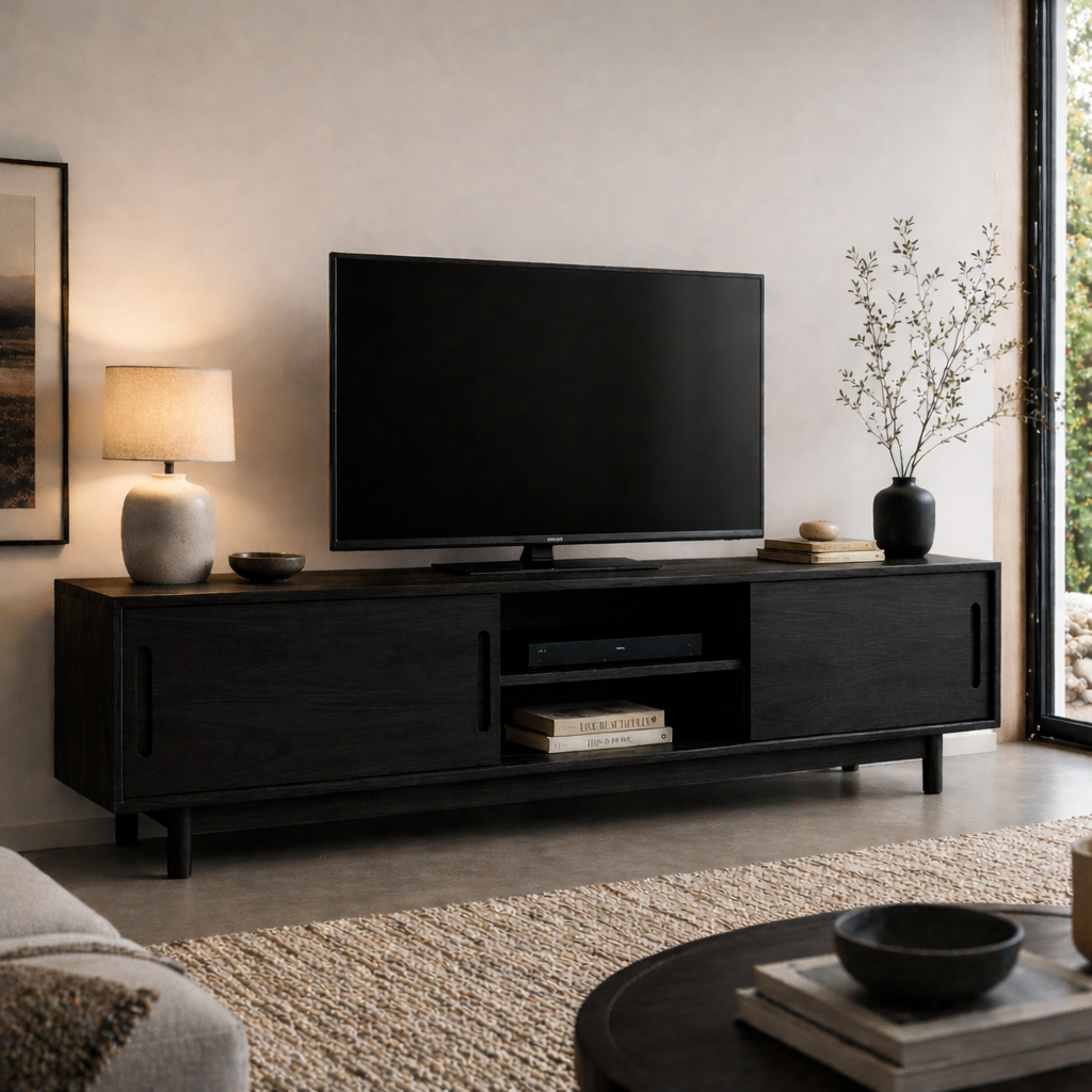 Solid Wood Media Console with Sliding Doors, Mid Century Modern TV Stand Storage