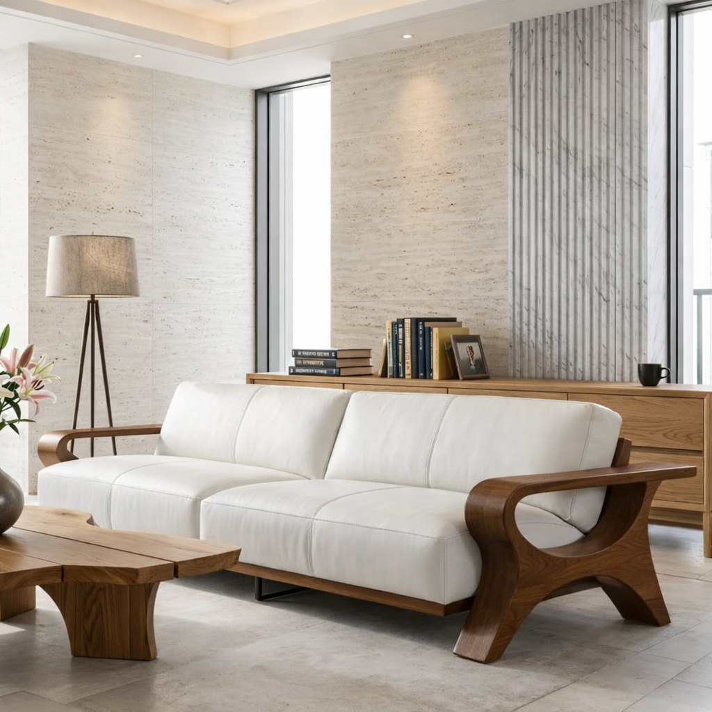 Modern Sculptural Solid Wood Sofa with White Leather Cushions Scandi Living Room Couch
