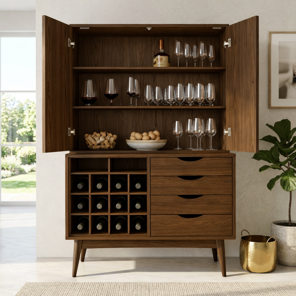 Modern Wine Bar Cabinet with Glass Storage, Bottle Rack and Drawer Organizer