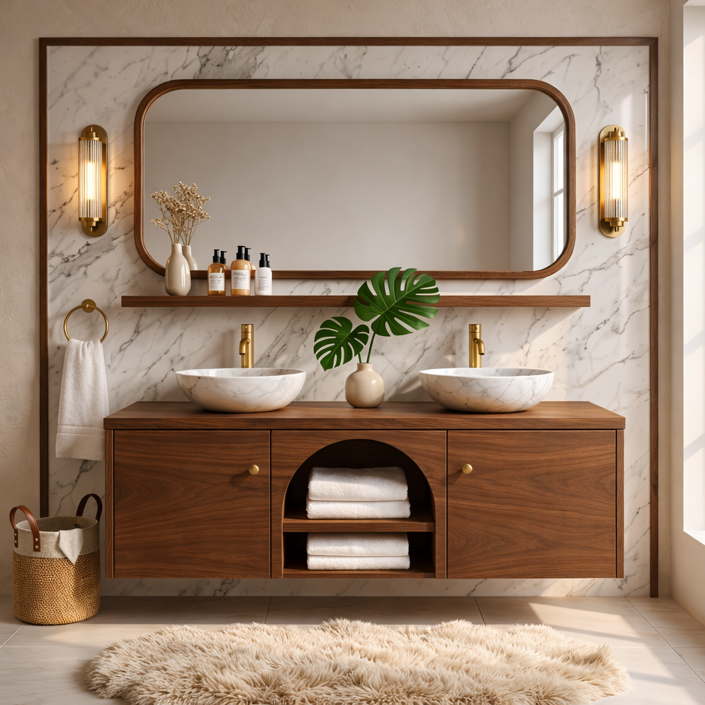 Double Sink Floating Vanity with Wooden Base and Elegant Gold Fixtures