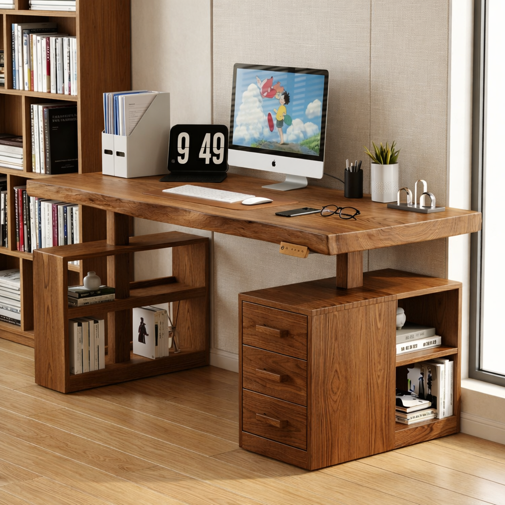 Modern Writing Desk with Drawers and Shelves, Home Office Computer Workstation Table