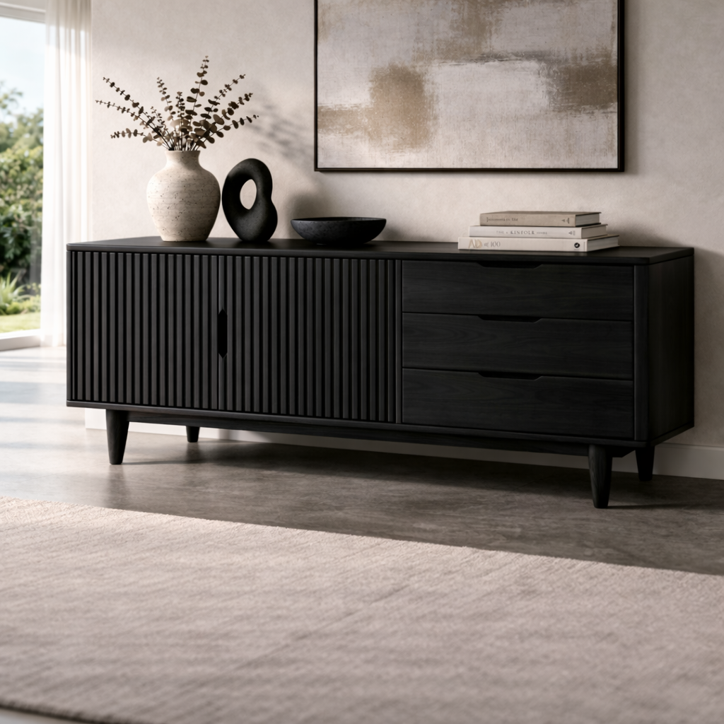Fluted Solid Wood Console Cabinet with Drawers – Mid Century Storage Sideboard