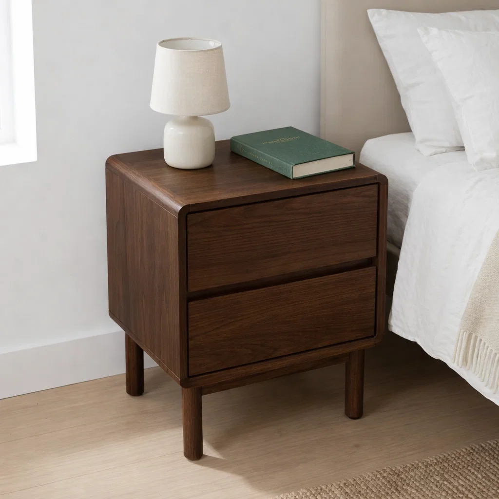 Solid Nightstand - Minimalist Mid-Century Modern Bedside Table with Drawers