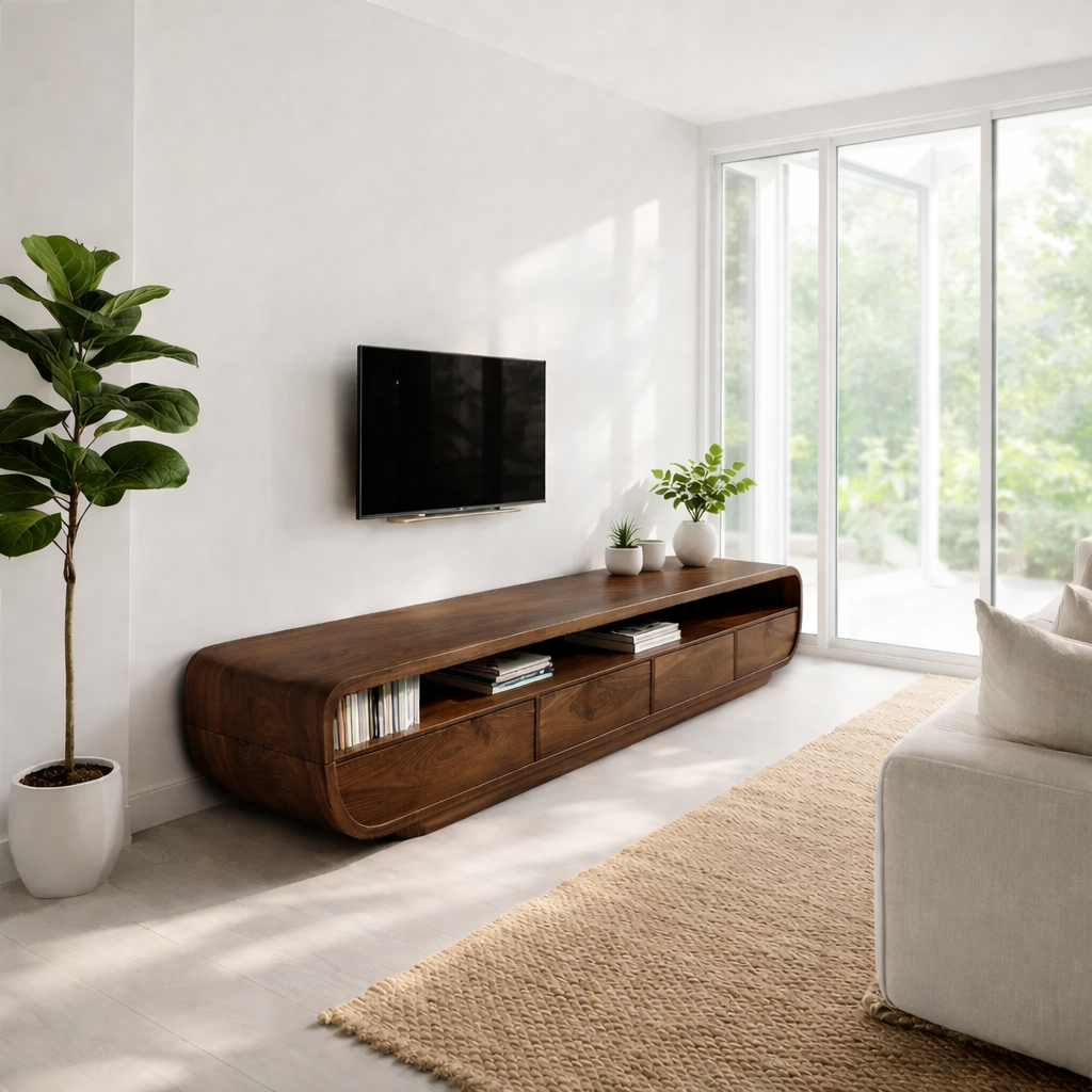 Solid Wood Media Console with Curved Edges & Drawers, Modern Low TV Stand
