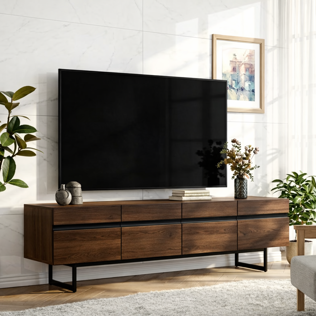 Modern Solid Wood TV Stand Long Media Console with Black Accent and Metal Legs