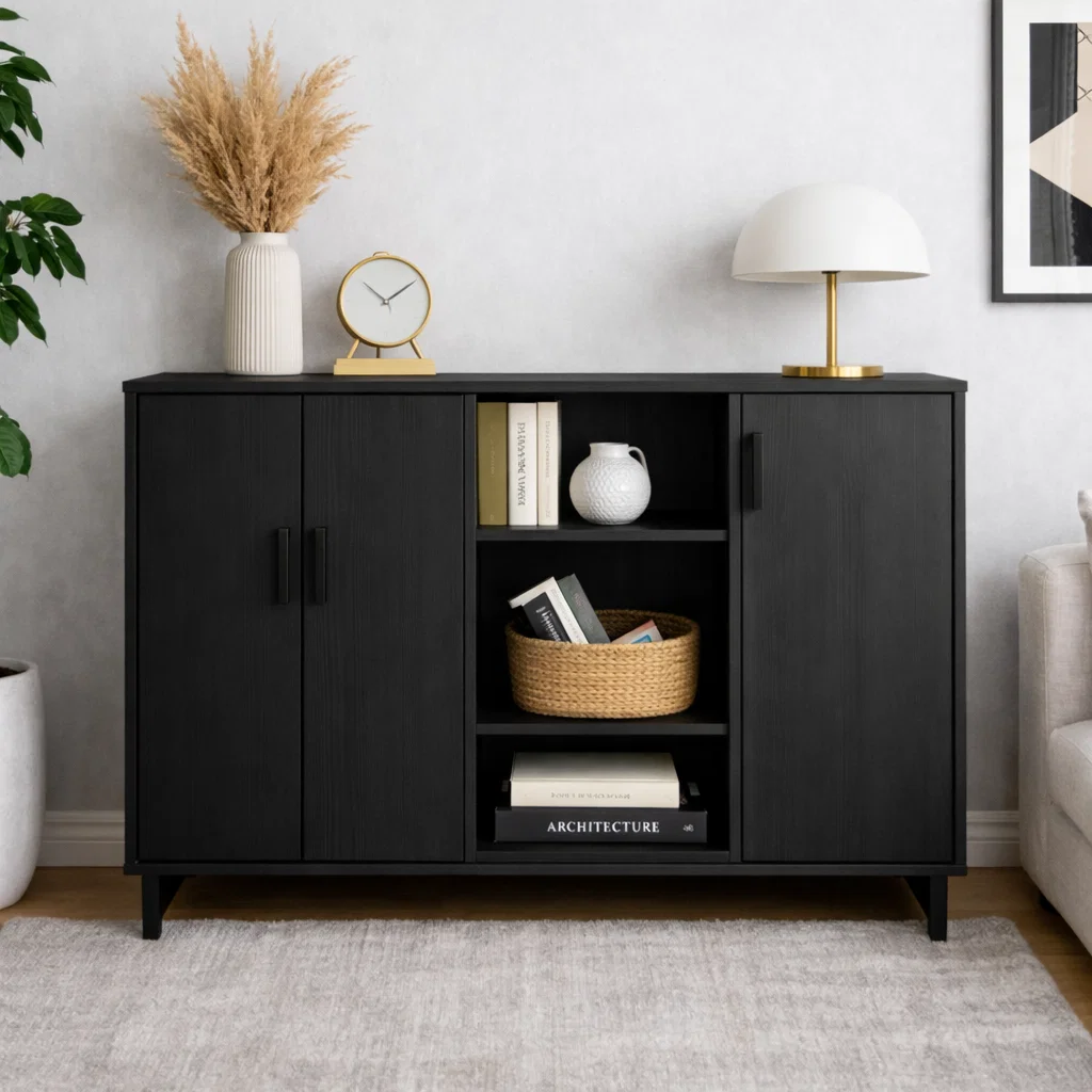 Solid Wood Console Cabinet with Double Doors & Open Shelf Storage – Modern Design