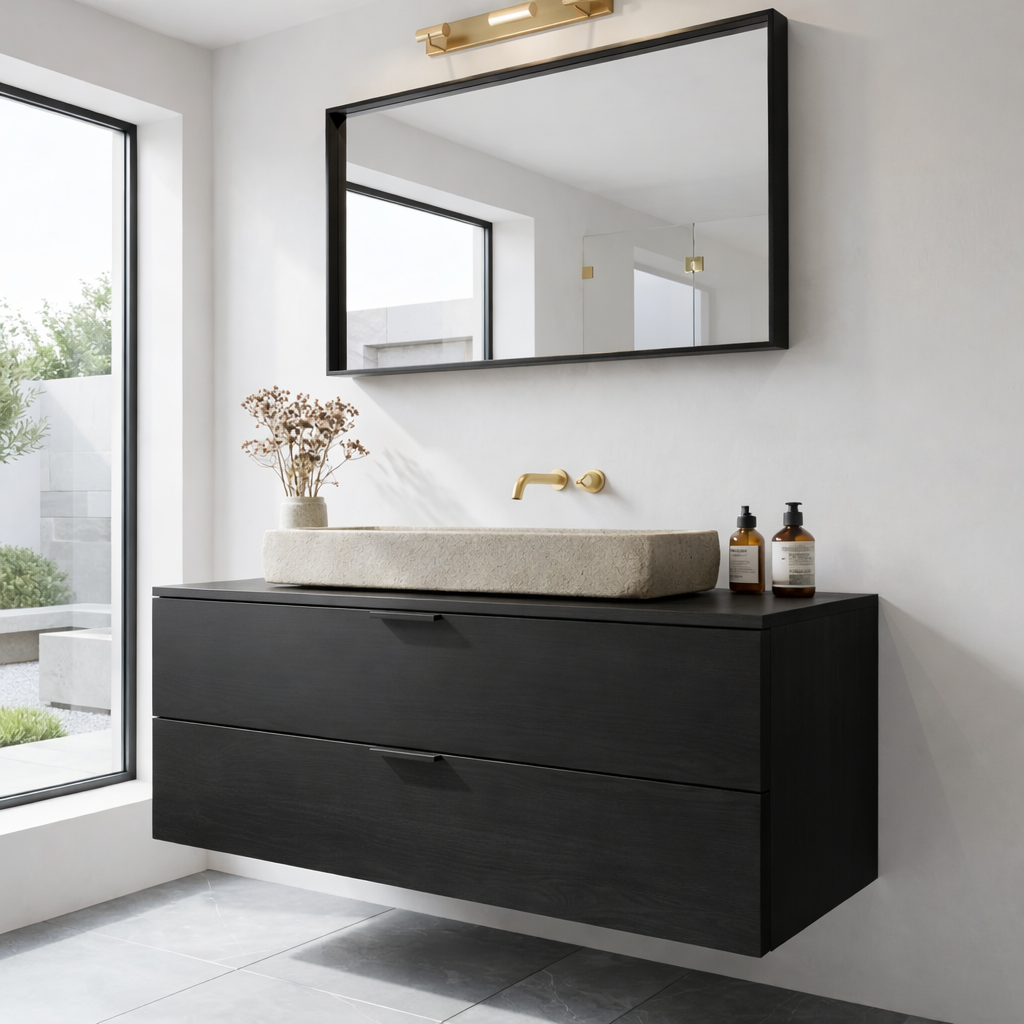Modern Solid Wood Bathroom Vanity with Floating Drawers and Minimalist Design