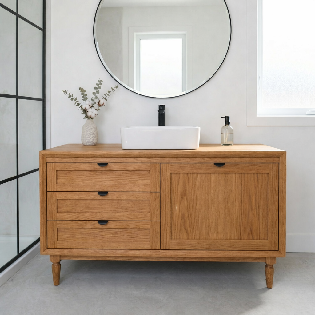 Solid Wood Bathroom Vanity with Drawers & Cabinet β Minimal Modern