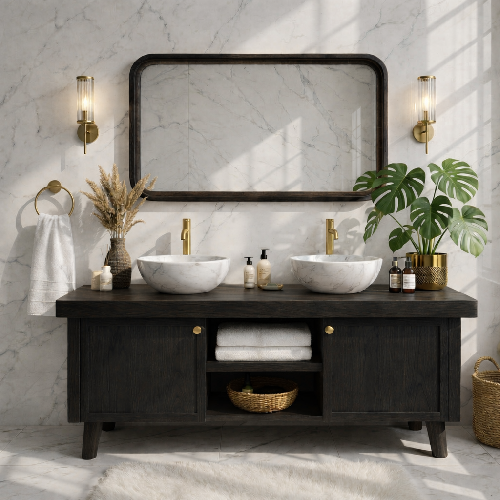 Stylish Wooden Double Sink Bathroom Vanity with Elegant Storage