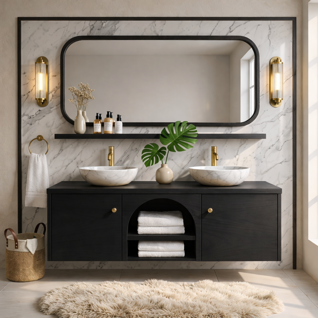 Double Sink Floating Vanity with Wooden Base and Elegant Gold Fixtures