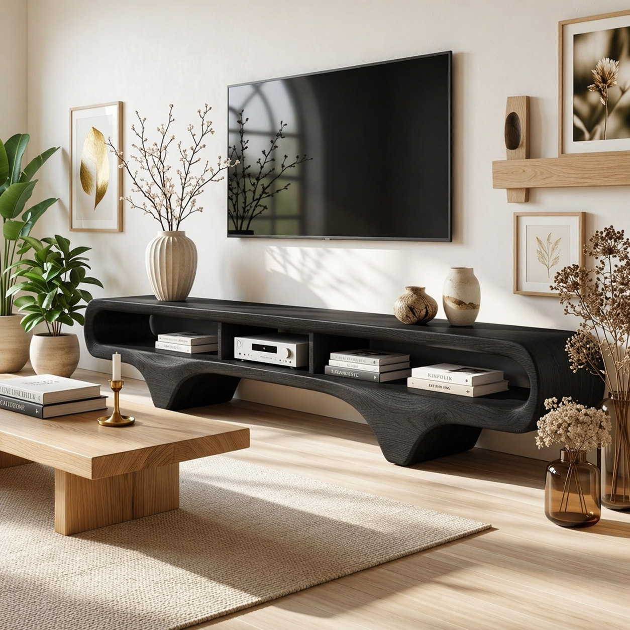 Organic Curved TV Console, Sculptural Media Stand for Luxury Sophisticated Interiors