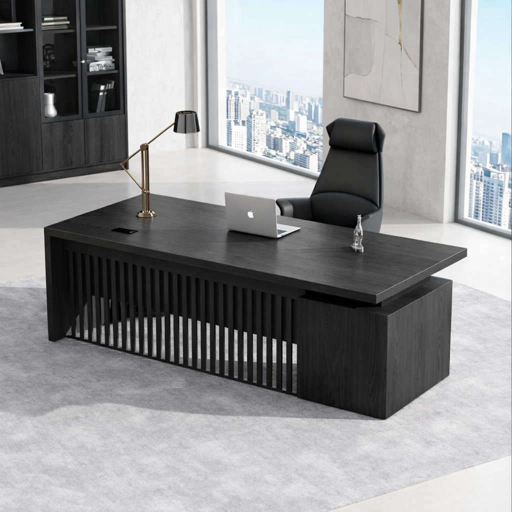 Modern Executive Desk with Slatted Panel Base, Minimalist Home Office Workstation Desk