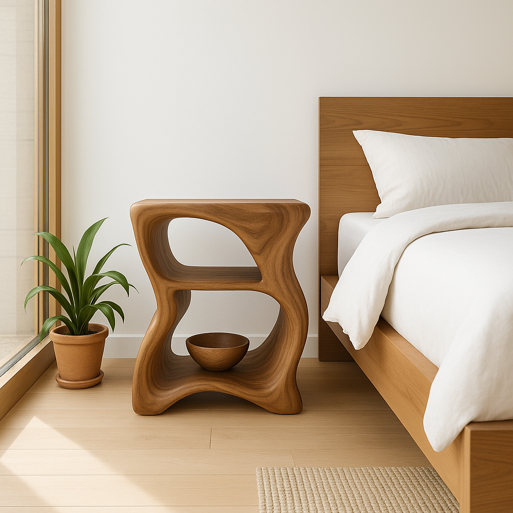 Modern Solid Wood Nightstand – Sculptural Wooden Bedside Table with Open Shelf