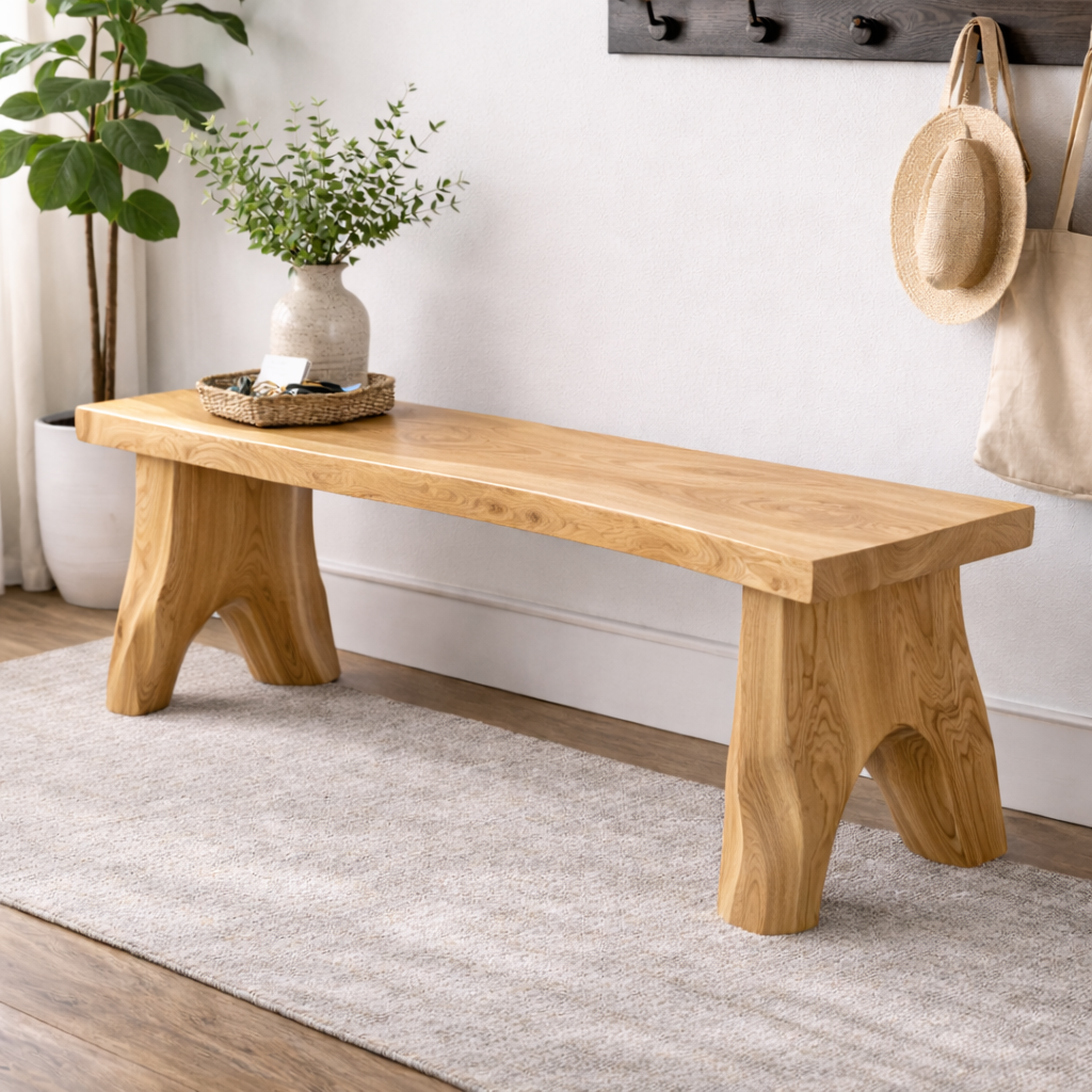 Live Edge Solid Wood Entryway Bench | Organic Design with Unique Legs