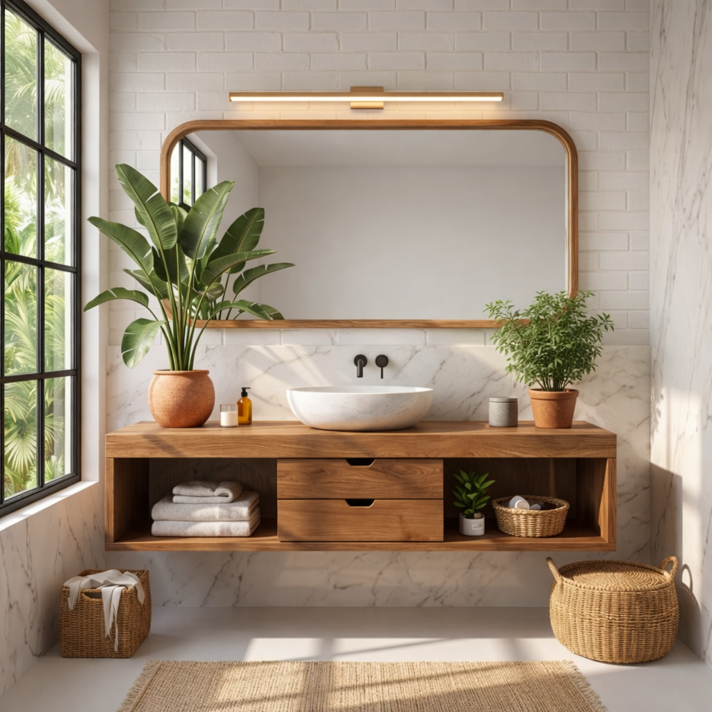 Sleek Oak Floating Vanity with Marble Sink and Ample Storage for Modern Bathrooms
