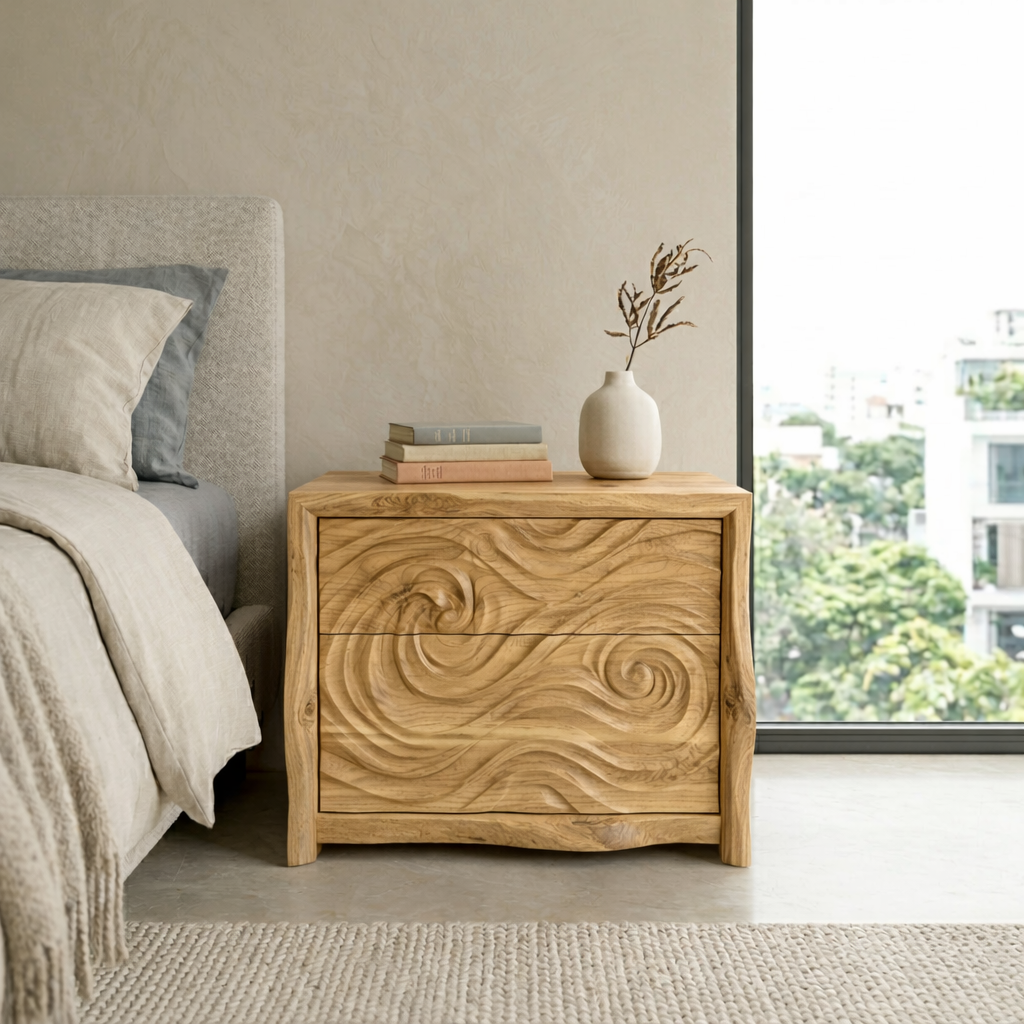 Hand-Carved Wave Wood Nightstand | Organic Modern Bedside Table