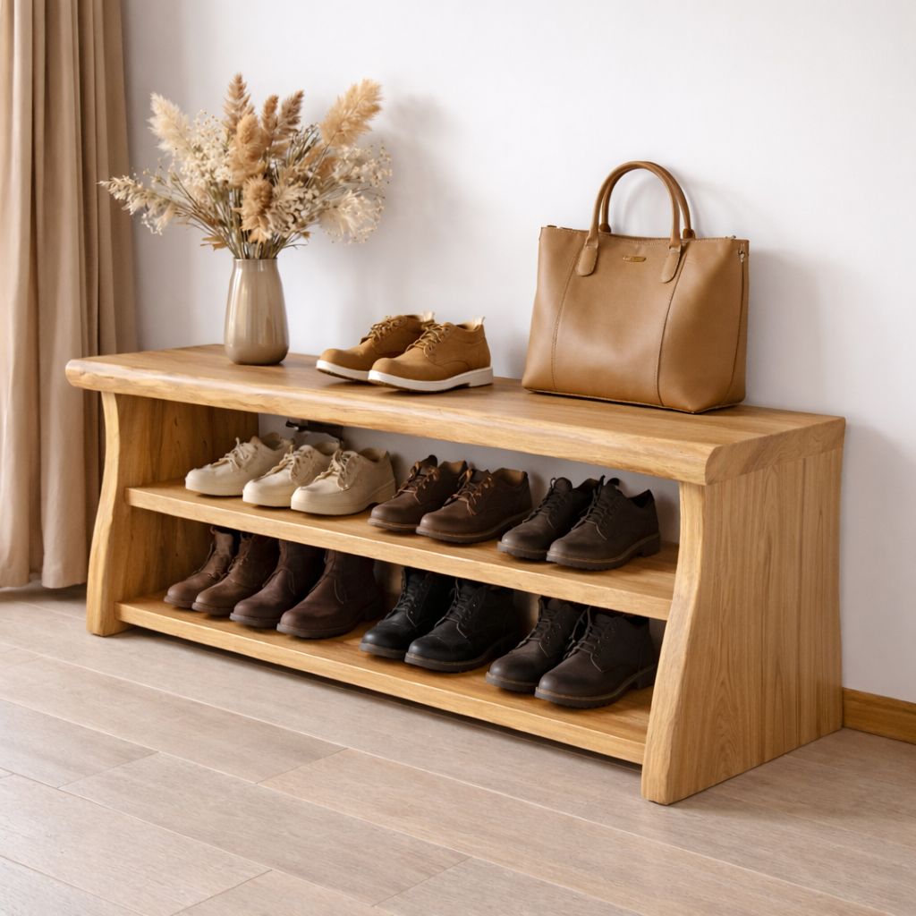 Solid Wood Entryway Bench with Shoe Storage Shelf – Rustic Wooden Shoe Rack Bench