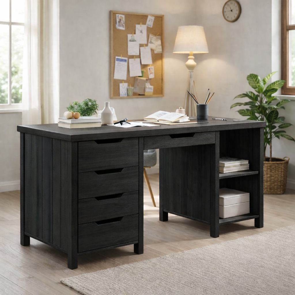 Solid Wood Handmade Work Desk with Drawers and Bookshelf Storage