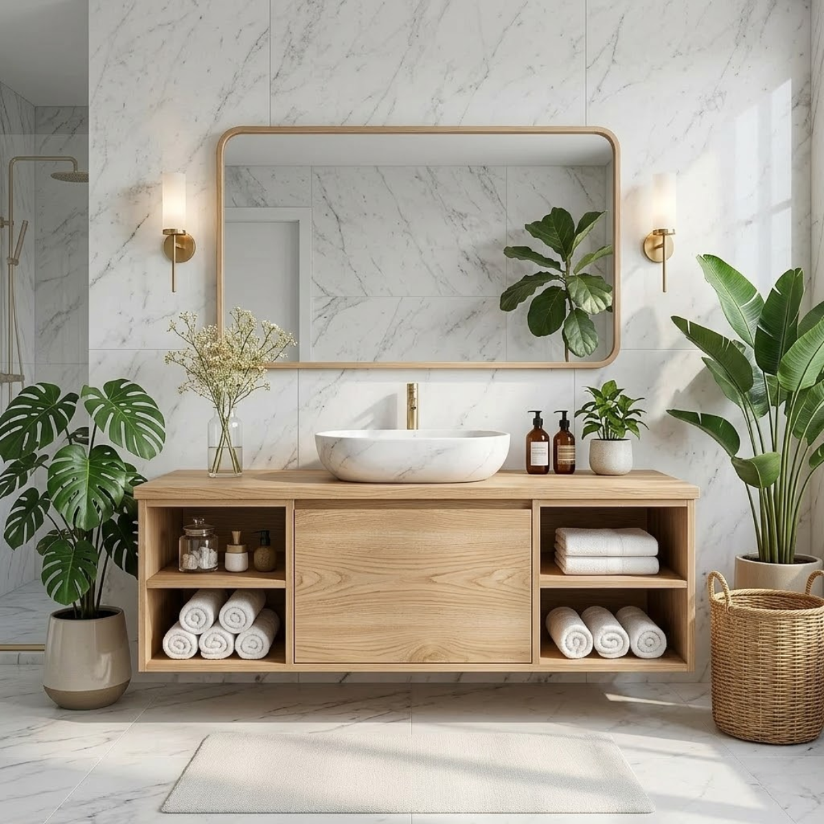 Floating Oak Vanity with Open Shelves and Minimalist Design, Modern Bathroom Furniture