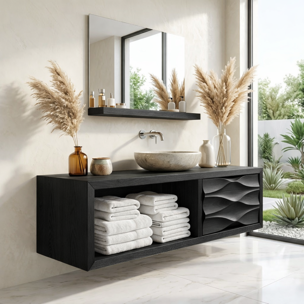 Modern Solid Wood Bathroom Vanity with Open Storage and Textured Drawer Front