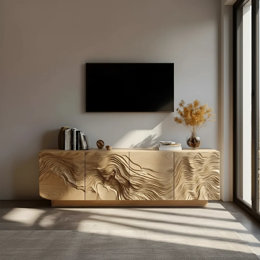 Solid Wood TV Stand with Carved Wave Design Modern Oak Media Console with Storage