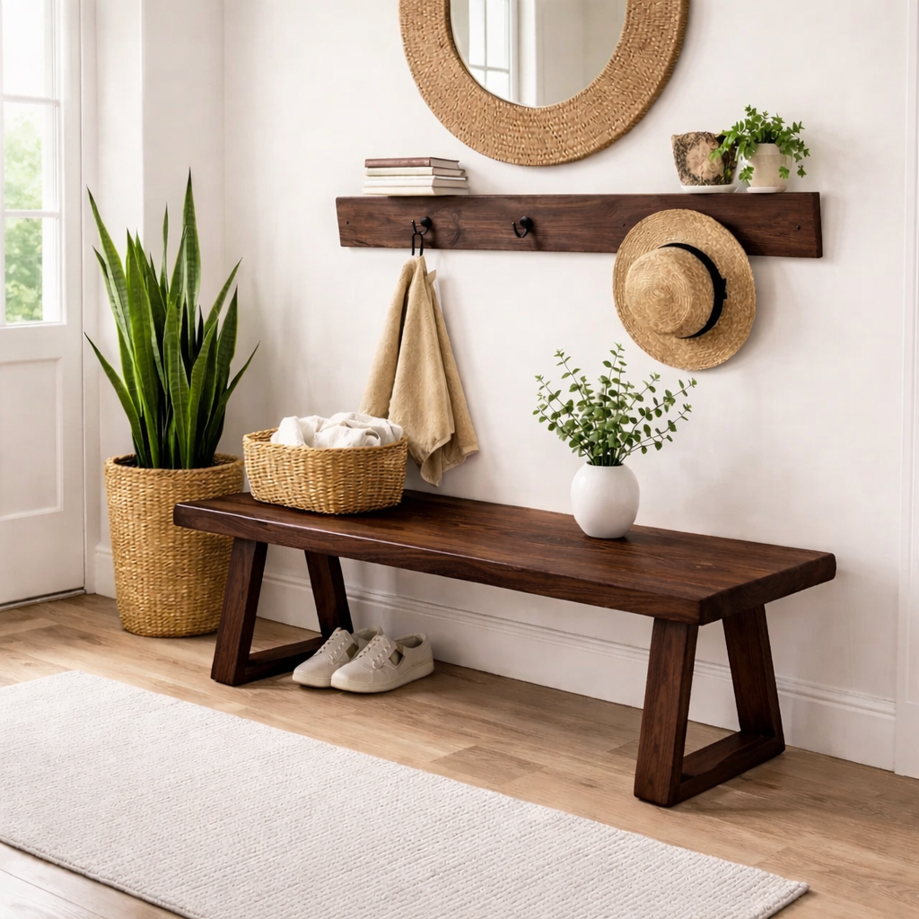 Solid Wood Entryway Bench with Storage | Rustic Modern Hallway Bench