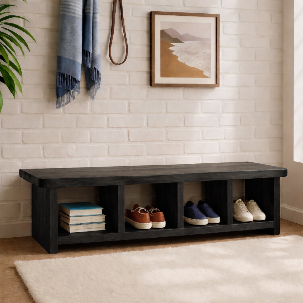 Handcrafted Entryway Bench – Solid Wood Shoe Storage Bench with Open Compartments for Rustic Hallway or Mudroom